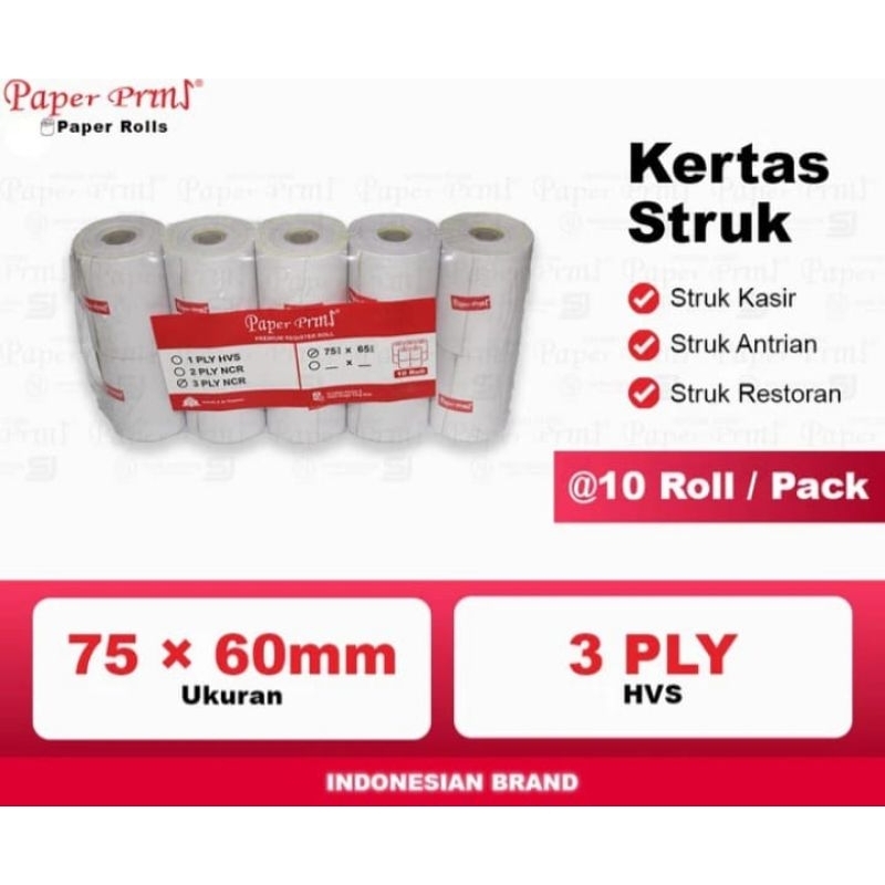 

Paperpryns Register Roll Kertas Kasir uk 75 x 65/3 ply - Pack isi 10 Roll.