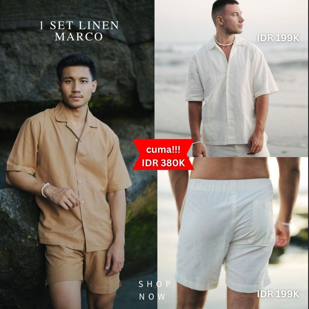 BEACHWELL SATU SET LINEN PRIA POLOS PREMIUM BALI CELANA PENDEK + BAJU KEMEJA - LINEN MARCO SERIES
