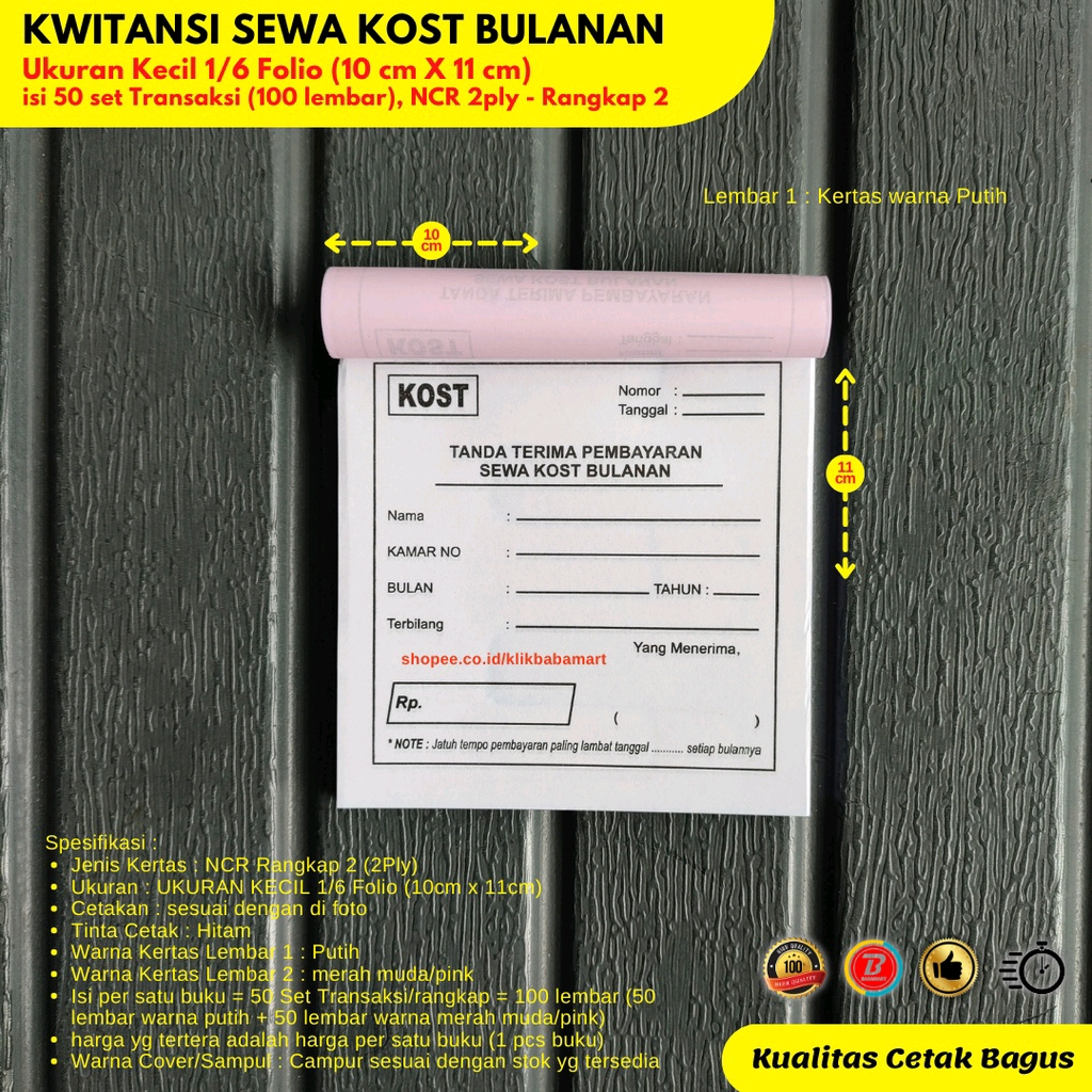 

KWITANSI KOST KONTRAKAN RUMAH PETAK BULANAN UKURAN KERTAS KECIL 1/6 F4 (10cm x 11cm) NCR RANGKAP 2 PLY