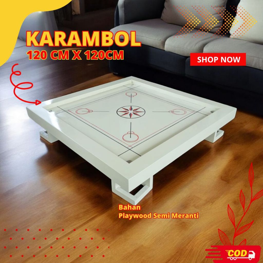 Papan Meja Karambol  Kayu Premium 120x120 Besar 1 Set Lengkap Warna Cream - PL120.1