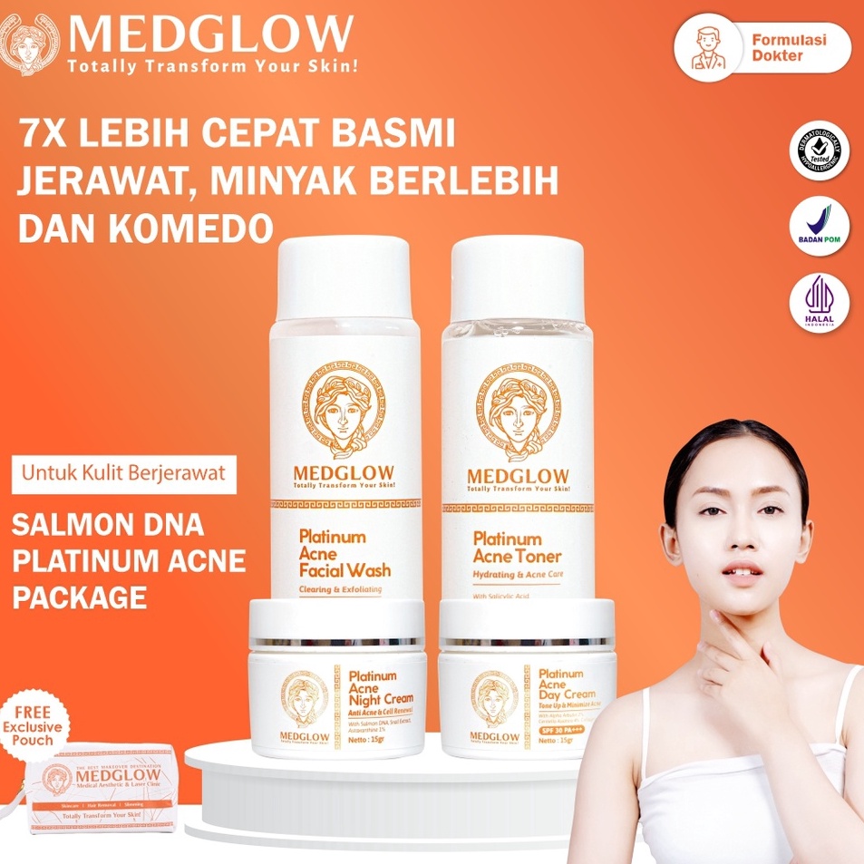 Promo Populer  MEDGLOW CLINIC Platinum Acne Salmon DNA Package  Bonus Tas Kulit  Paket Skincare Krim
