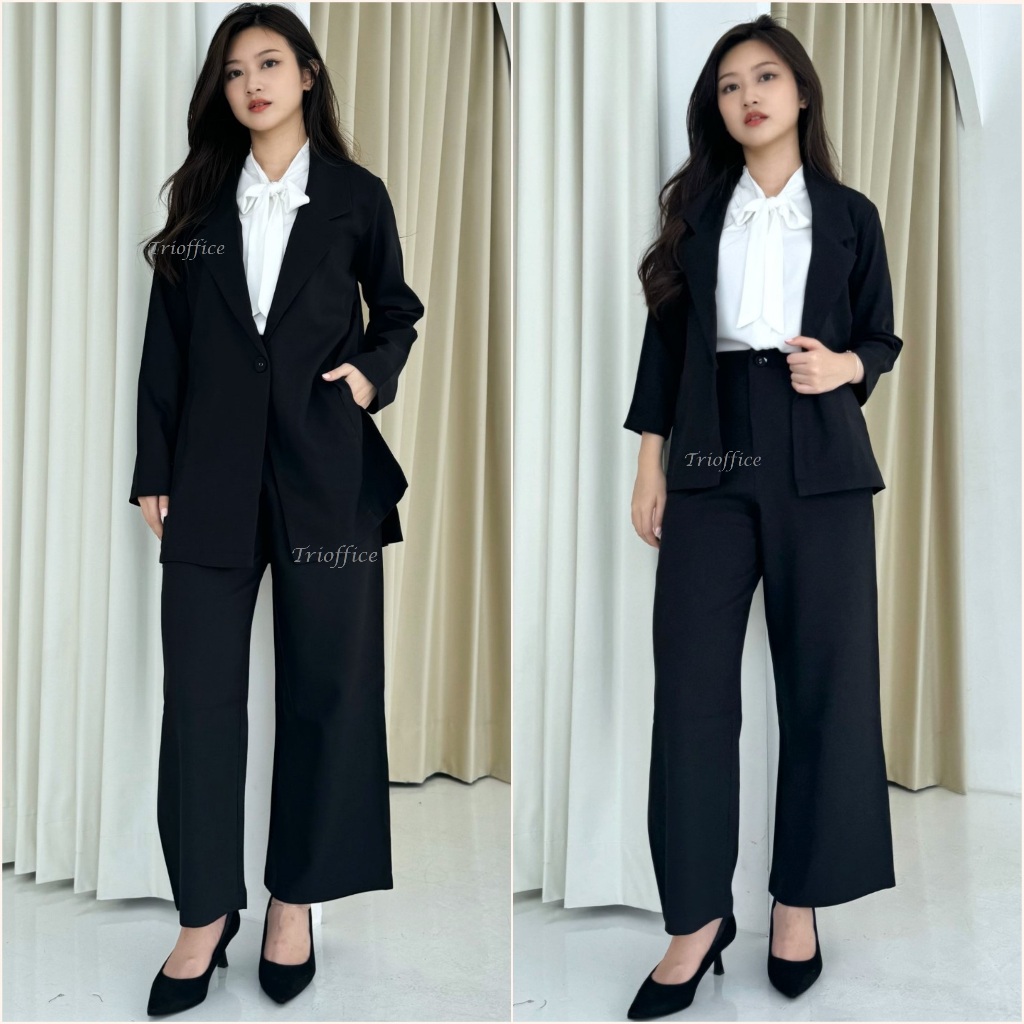 Blazer Wanita Hitam Katun Premium Belah Samping Lengan Panjang dan 7/8
