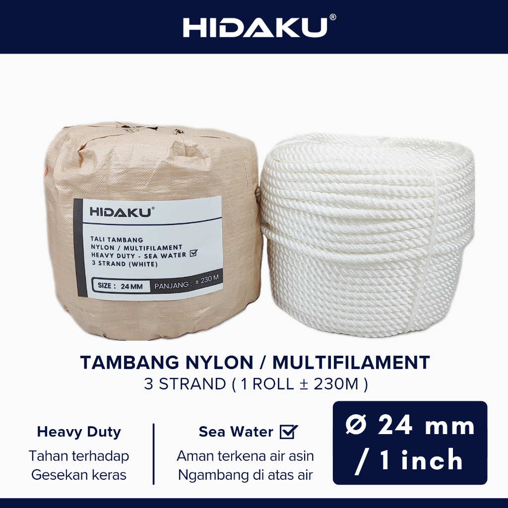 HIDAKU tali tambang nylon 24mm ECERAN / tambang nilon 24mm / 1 inch METERAN / tambang nylon 1 inch /