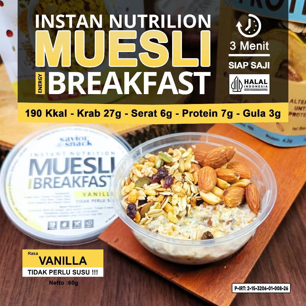 

MUESLI Vanilla Overnight Oats Sereal Oatmeal Menu Sarapan Sehat 3 Menit Siap Saji | Savior Snack