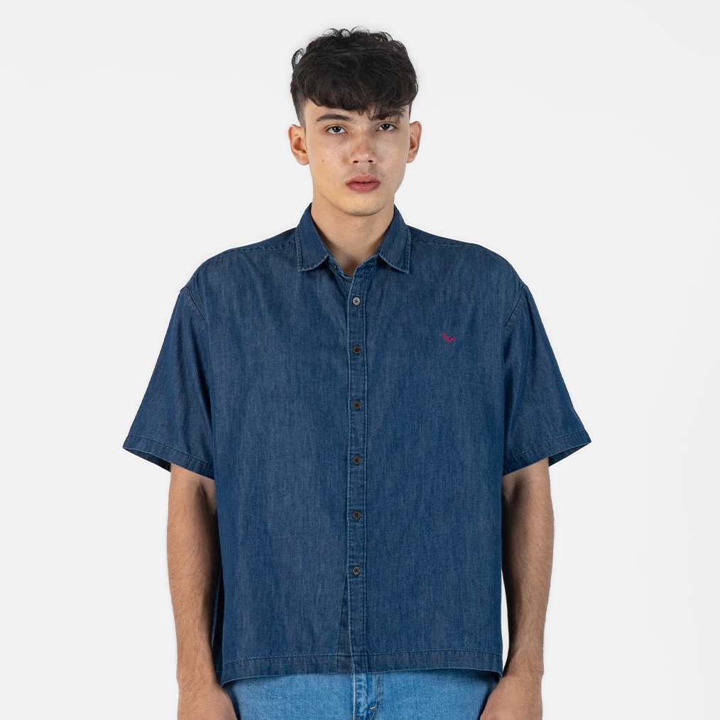 KODE W19V JOYRIDE  Light Blue Kemeja Denim Casual Pria Lengan Pendek SS  Top Man Shirt Edwin