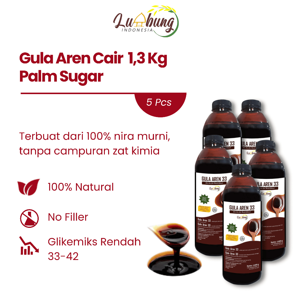 

(Paket Hemat 5 Pcs) Gula Aren 33 Cair Premium Palm Sugar Organik 1.3 kg, Low Gi/Halal MUI dan Murni/Recommended by Chef or Barista