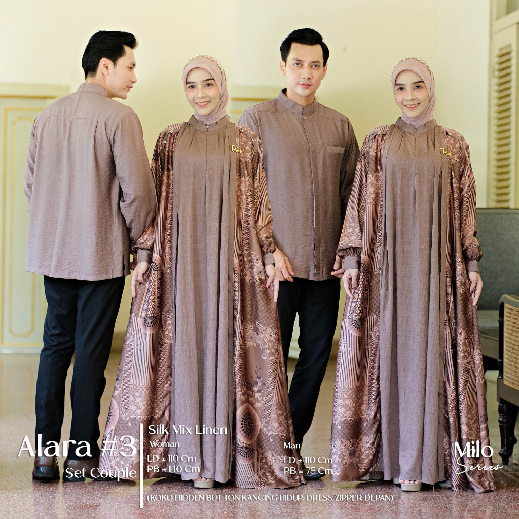 Alara Set Couple Dress Koko Muslim Silk Mix Polo Linen Motif Batik Kombinasi Polos