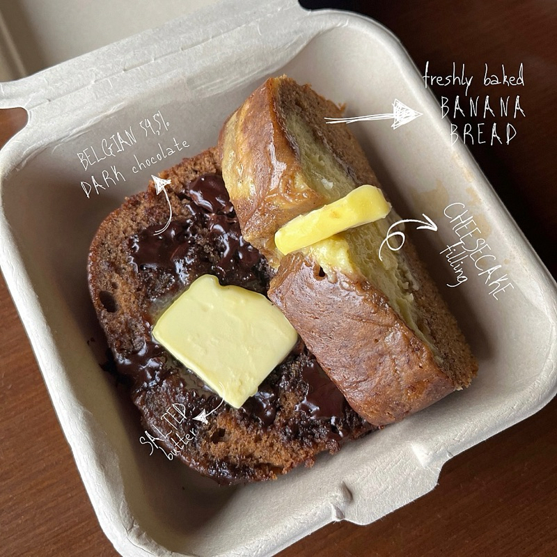 SLICED BANANA BREAD CHEESECAKE AND BELGIAN CHOCOLATE