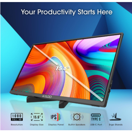 Kado Portable Monitor for Laptop, 15.6" IPS 1920x1080 HDMI Dual USB Type-C Laptop Screen Extender Se