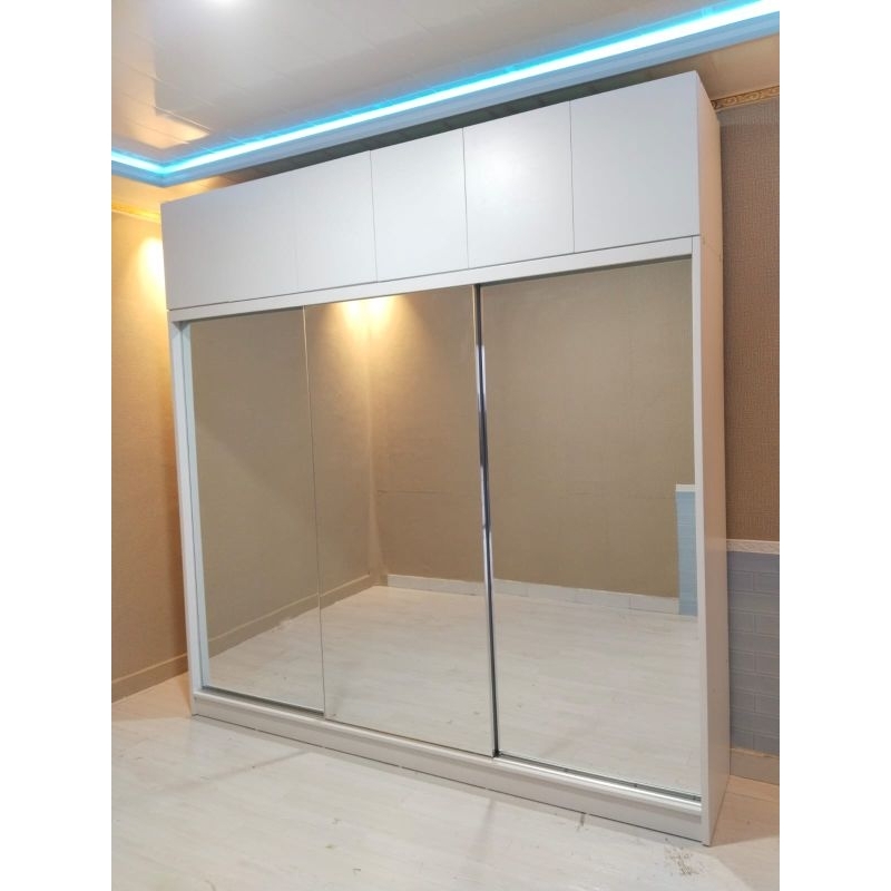 lemari pakaian 3 pintu sliding full cerim jumbo | lemari pakaian sliding pintu 3 cermin kabinet box 