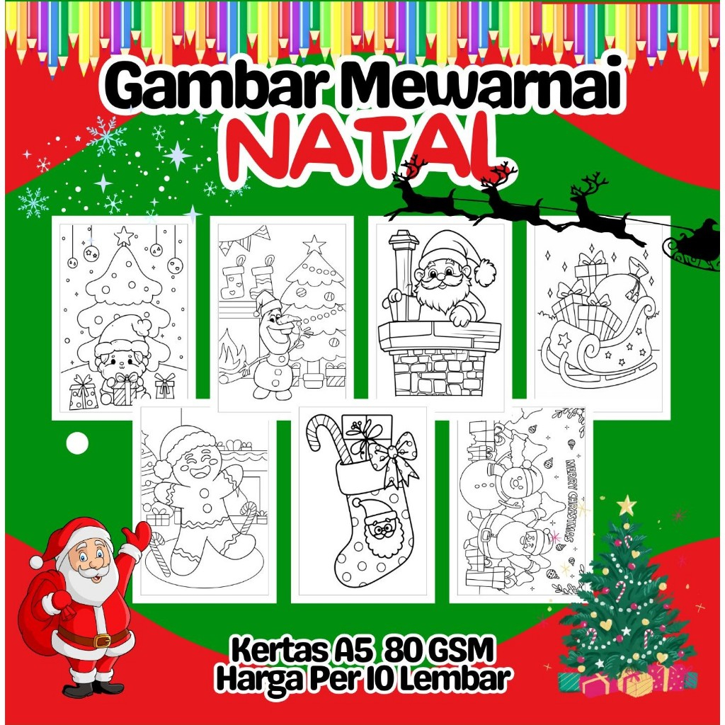 

10 Lembar Kertas A5 Gambar Mewarnai Tema NATAL Termurah - Anak Anak TK SD PAUD Remaja