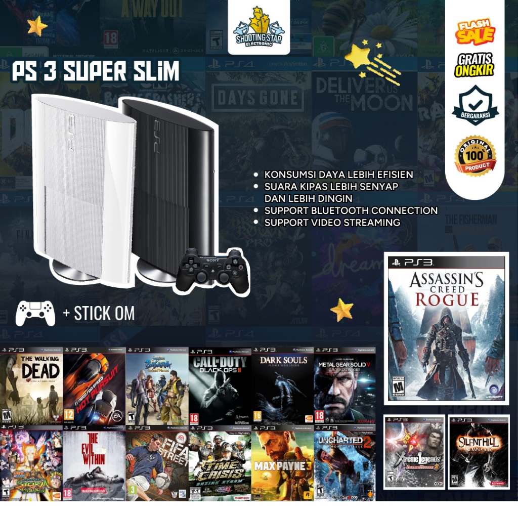 PS3 SuperSlim Second Bundle Stick Original Mesin Hdd 1Tb / 500Gb / 320Gb / 250Gb / 160Gb - Playstati