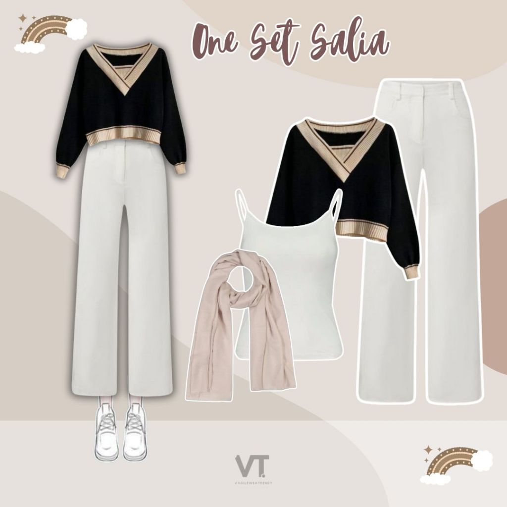 One Set Salia (Hijab, Tanktop, Blouse, Celana) Setelan Baju Wanita, OOTD Outfit Korea Style Setelan 