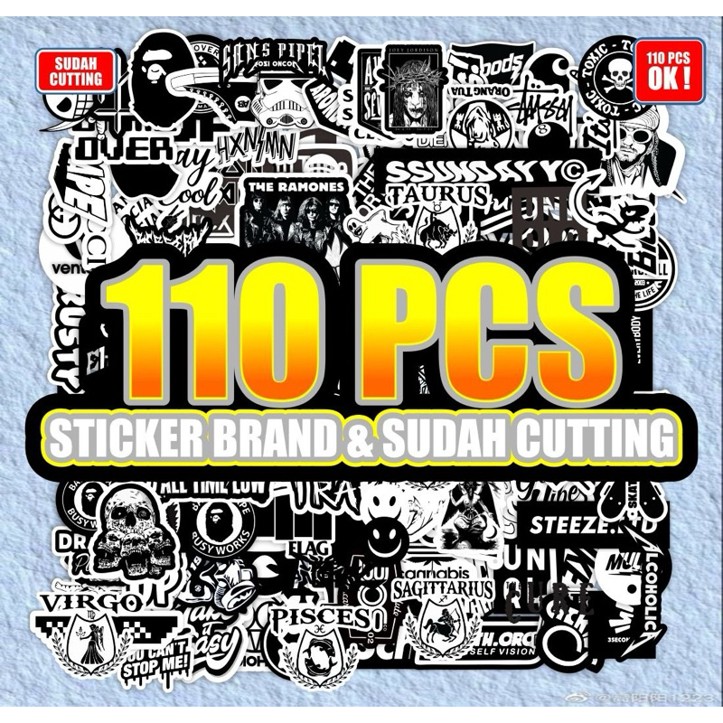 Stiker brand distro paket isi 110pcs hitam putih stiker case stiker aesthetic dekorasi hp laptop
