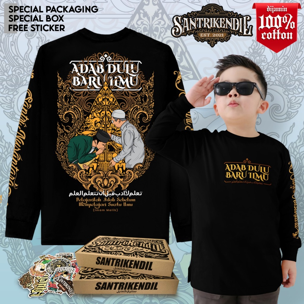 KAOS ANAK SANTRI KUALITAS DISTRO 100% COTTON PREMIUM / KAOS ADAB DULU BARU ILMU LENGAN PANJANG DAN P