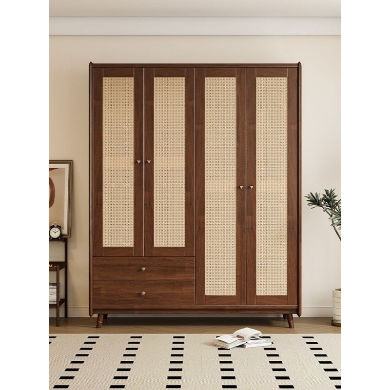 Lemari Pakaian 4 Pintu Jati Minimalis Lemari Pakaian Japandi Almari Jepang Kombinasi Rotan