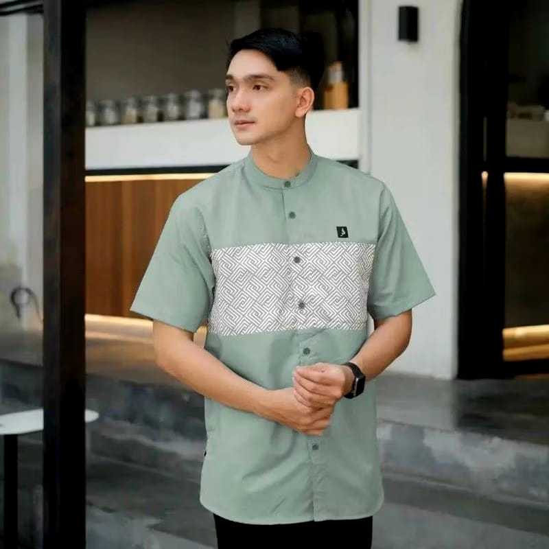 Baju Koko Kurta Lengan Pendek Kombinasi//Koko Pria Lengan Pendek Kombinasi