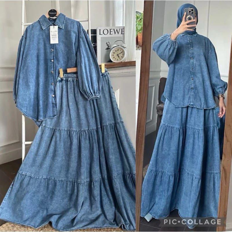 One Set Rok Jeans Raisa Set Rok Jeans Wash Premium/Setelan Rok Atasan Denim Wanita Jumbo Busui