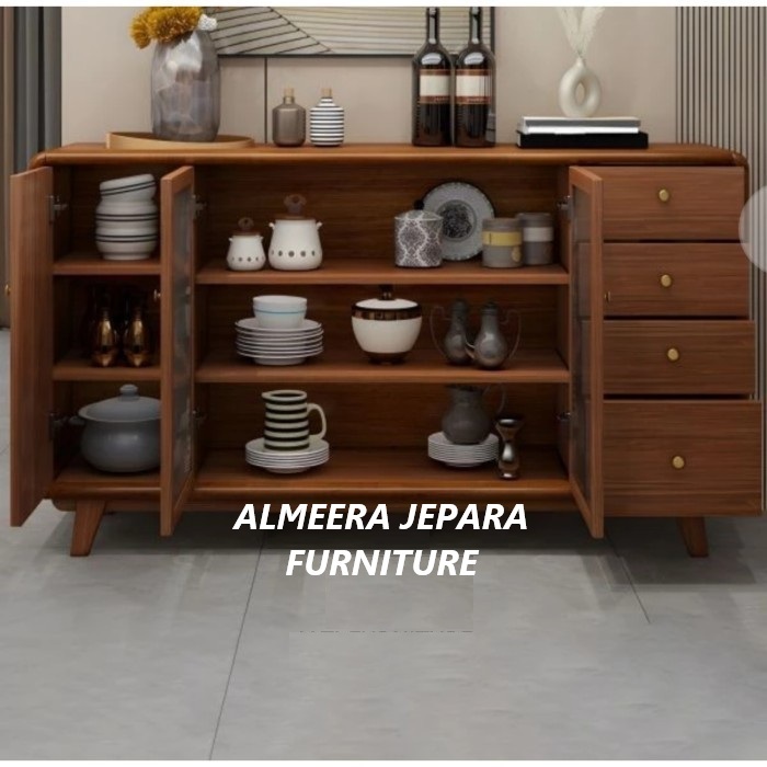 Rak piring minimalis kaca Rak dapur kayu jati