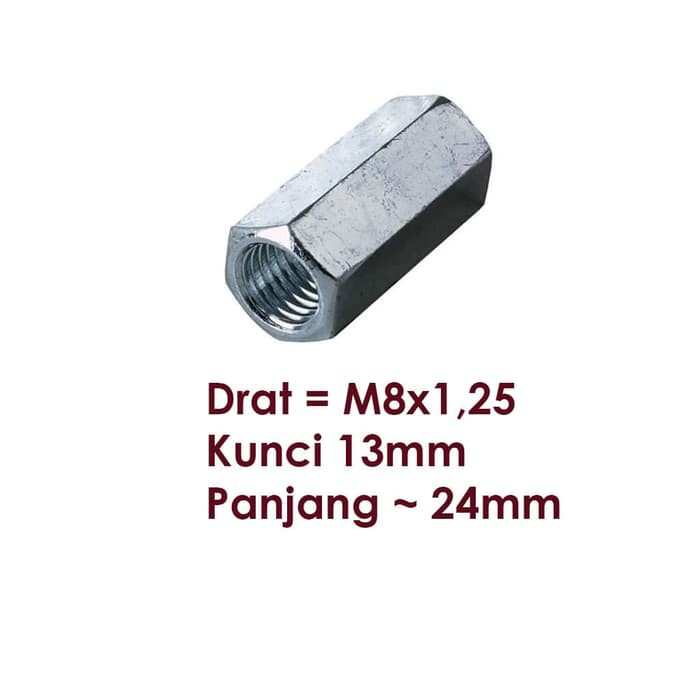 Mur Panjang Drat M8 x 1,25 Kunci 13 Long Nut 24mm