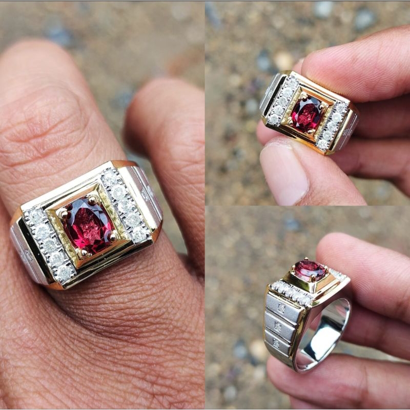 Cincin Berlian Pria Garnet Merah Natural Berlian Eropa Asli Original Diamond Intan Perak Murah