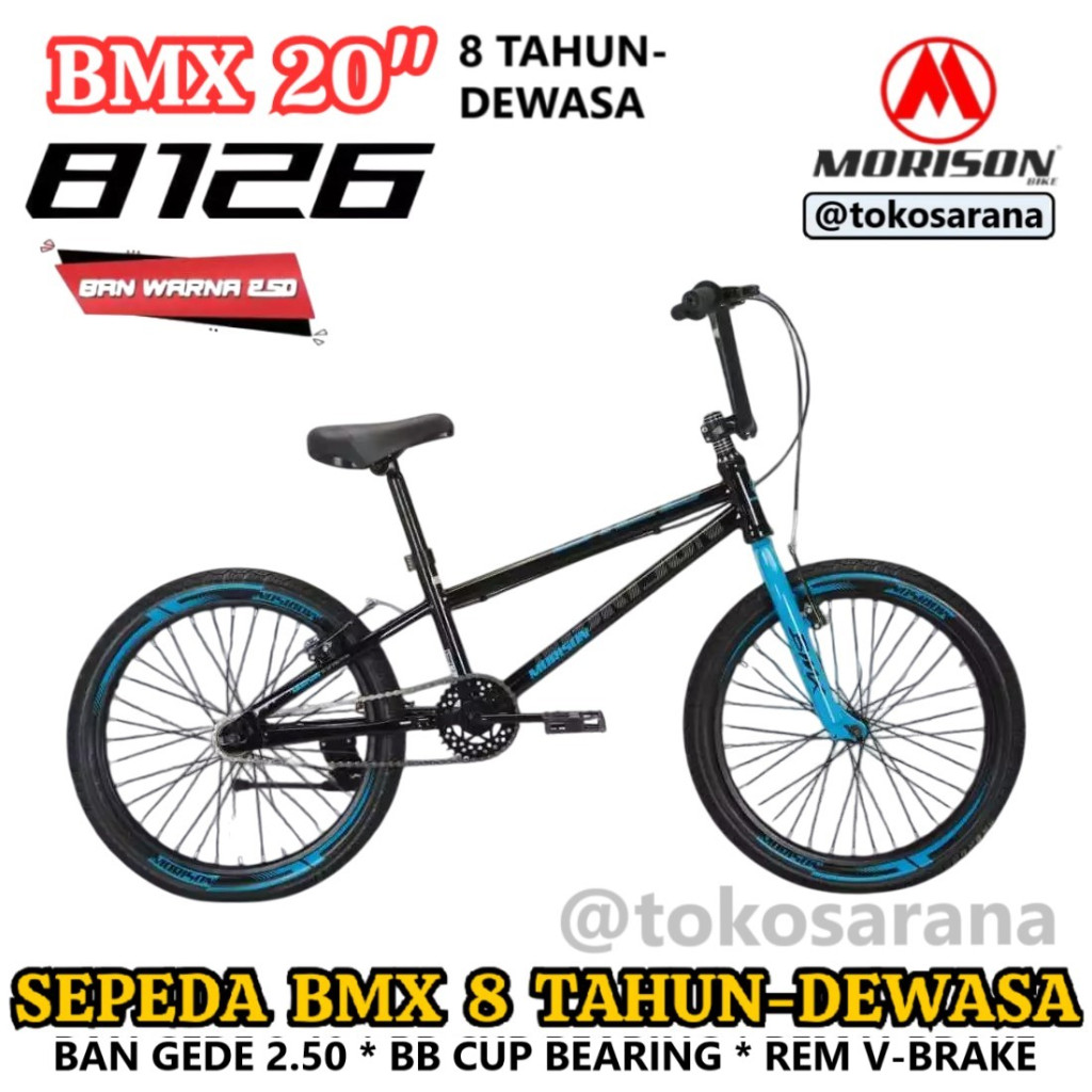 Sepeda BMX Morison MS8126 20 Inch 8 Tahun-Dewasa Ban Warna 2.50 Rem V-Brake BB Cup Bearing Steel Fra