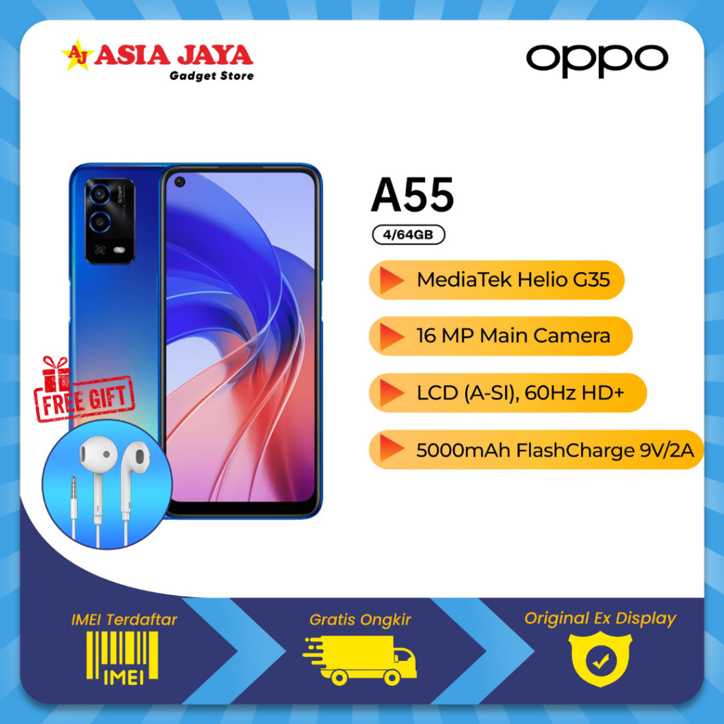 [EX DISPLAY] OPPO A55 RAM 4/64GB Kamera AI 50MP 5000mAh Baterai Tahan Lama Layar Punch Hole 6.51'' K