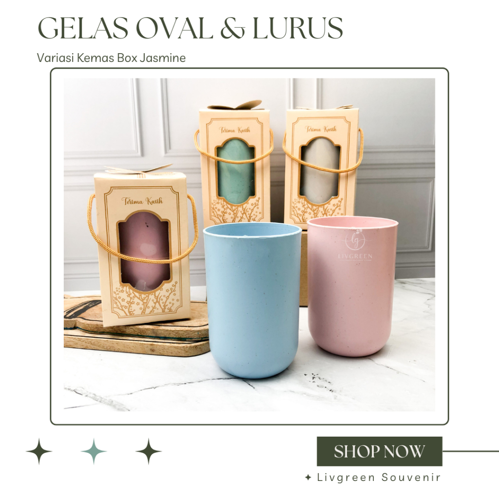 Souvenir Gelas Plastik Panjang Lurus dan Oval Kemas Box Jasmine