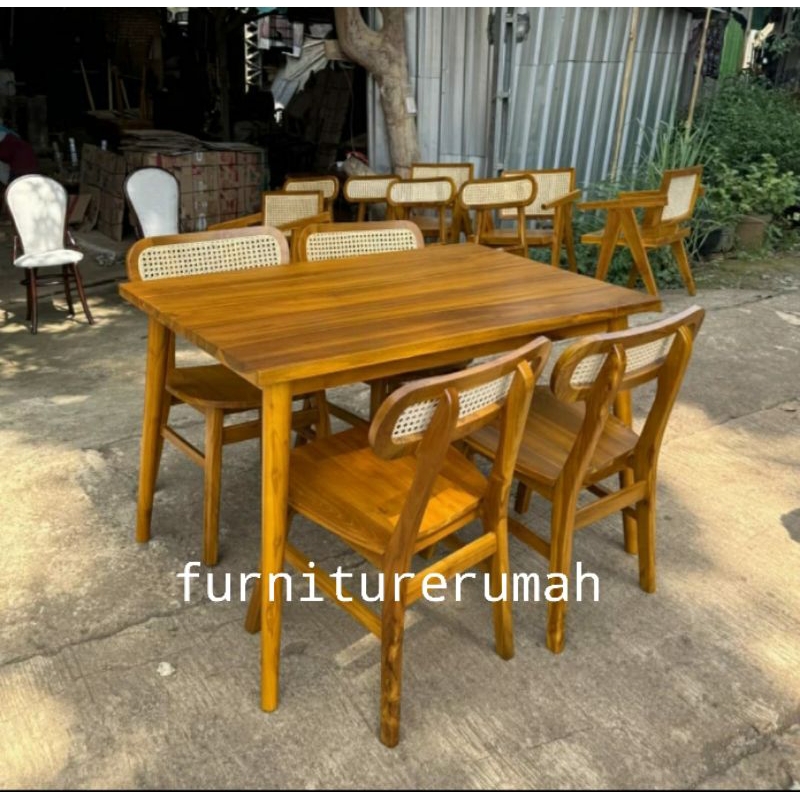 meja makan kayu jati 4 kursi rotan minimalis, meja makan 4 kursi kayu jati rotan minimalis