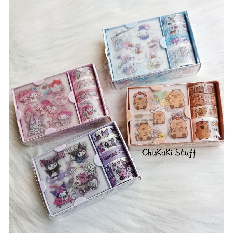 

Set stiker roll dekorasi selotip washitape Capybara Sanrio Kuromi Melody Cinnamorol