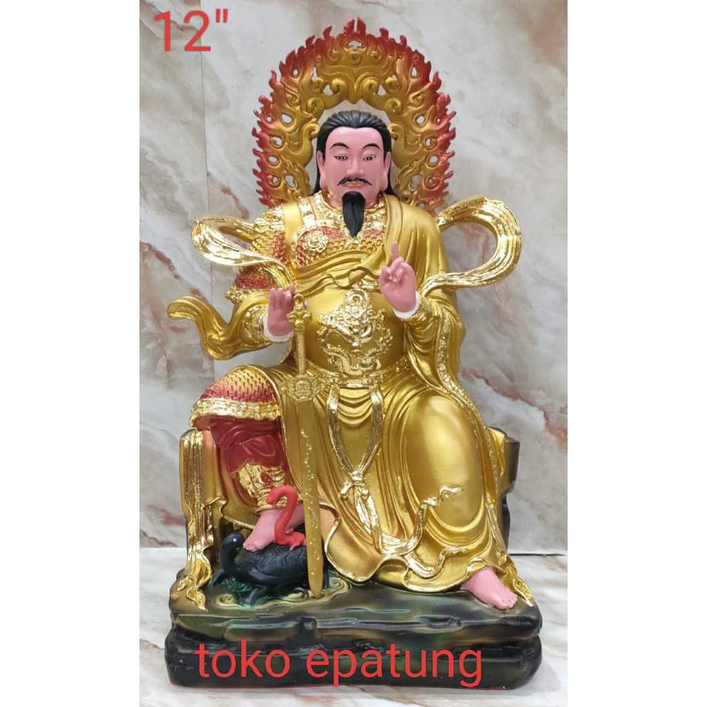 patung dewa hian tian shang ti / siong te kong / Xuan Tian Shang Di - 12 inch - fiber - Api - emas -