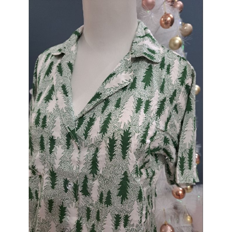 PIYAMA PREMIUM Set Pendek Natal Christmas Pajamas Wanita Premium Motif Christmas Pine Hijau
