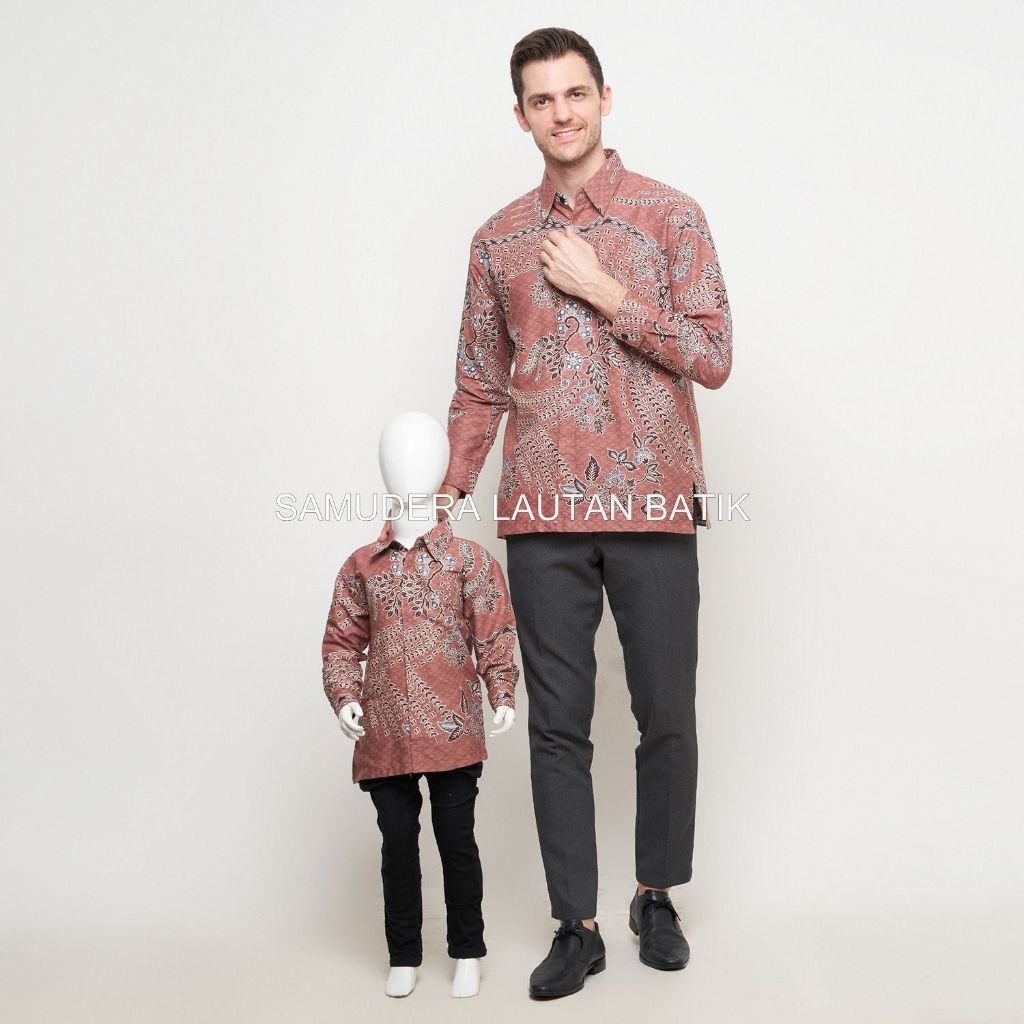 Batik Warna Peach,Kemeja Batik Pria Couple Ayah Anak Warna Pink Salem,Batik Pria Warna Pink,Batik An