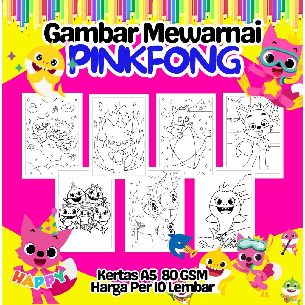 

10 Lembar Kertas A5 Gambar Mewarnai Tema PINKFONG BABY SHARK Termurah - Anak Anak TK SD PAUD Remaja