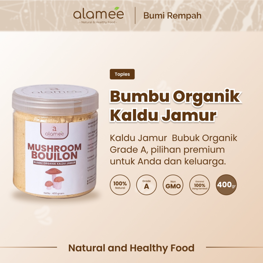 

ALAMEE Kaldu Jamur NON MSG Bubuk Mushroom Powder Bumbu Dapur Organik Praktis Toples Seasoning 400gr