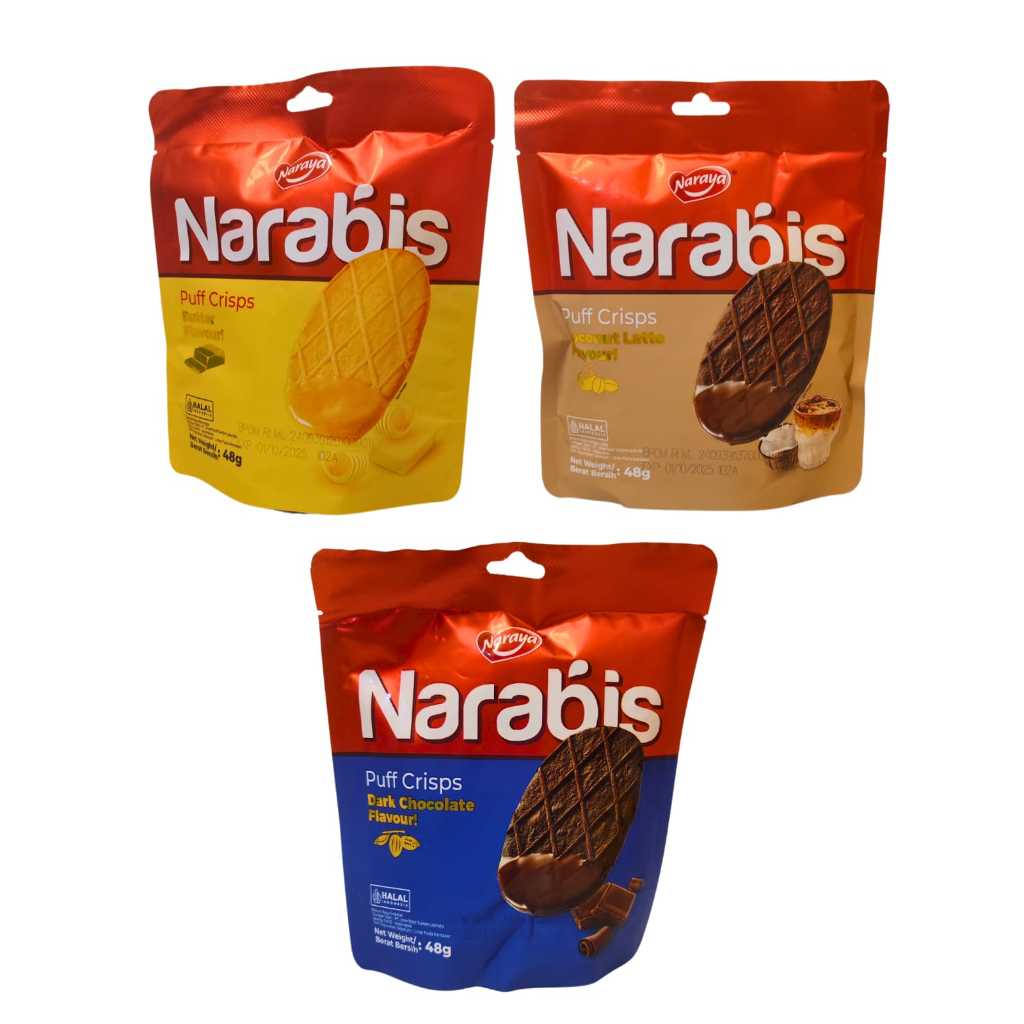 

NARAYA NARABIS PUFF CRISPS 48g Biskuit Puff Aneka Rasa Butter Dark Chocolate Coconut Latte