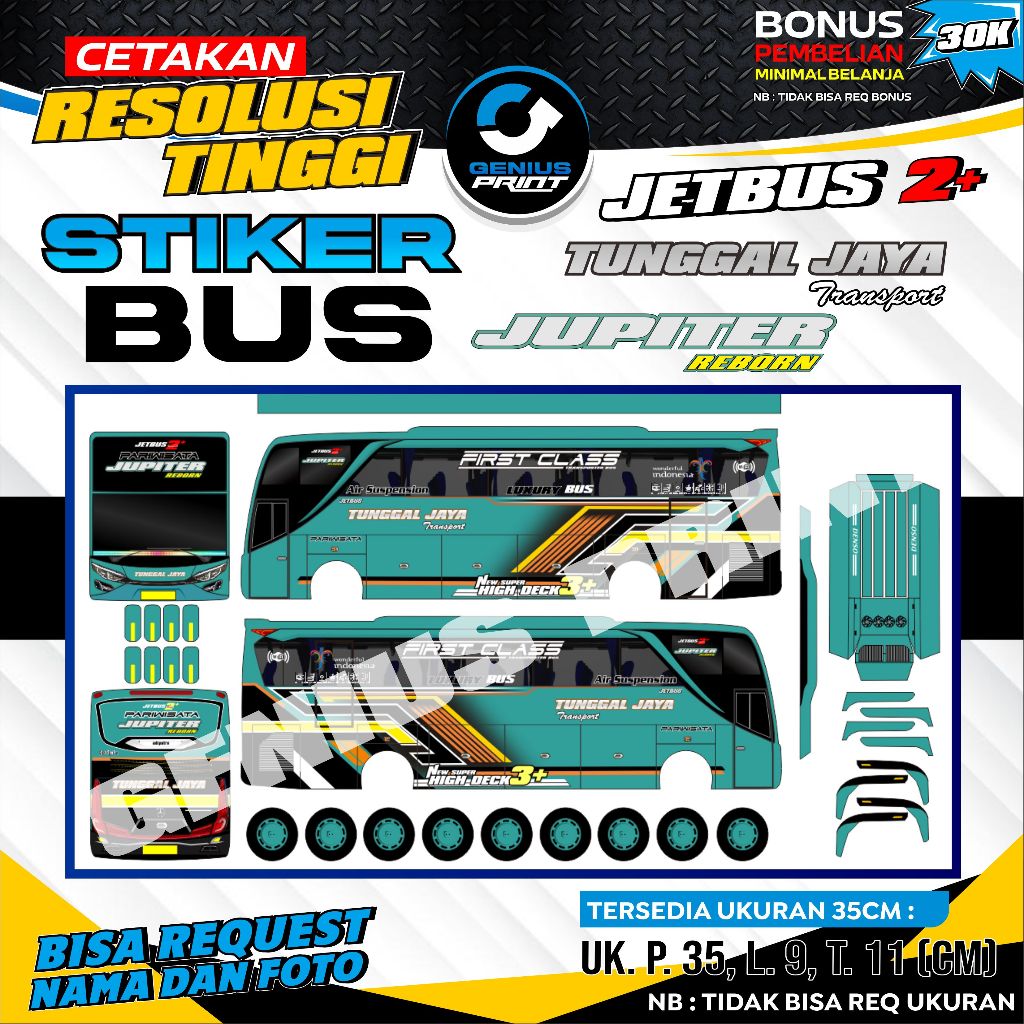 STIKER MINIATUR BUS JETBUS 2+ TUNGGAL JAYA TRANSPORT #2 UKURAN 35CM