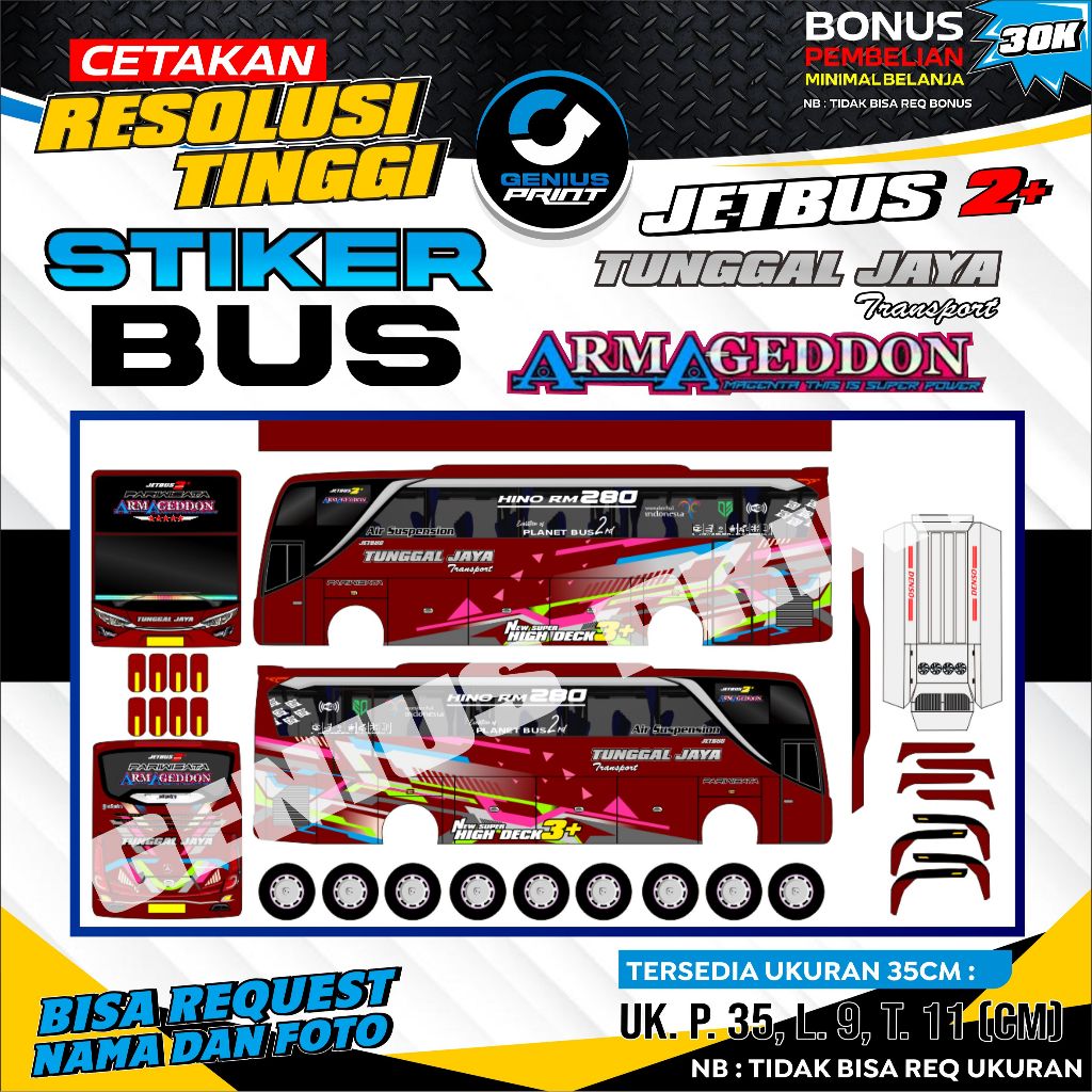 STIKER MINIATUR BUS JETBUS 2+ TUNGGAL JAYA TRANSPORT #1 UKURAN 35CM
