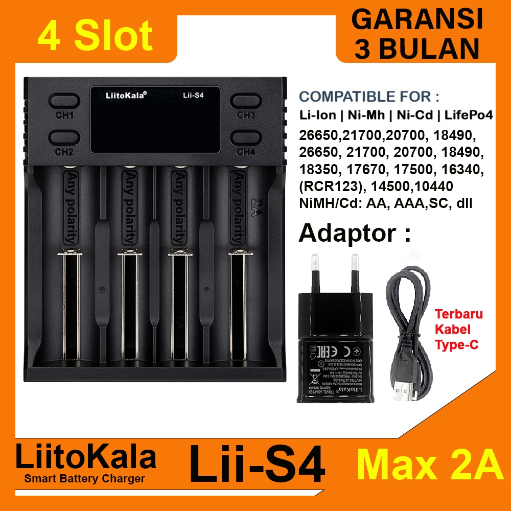 LiitoKala Lii-S4 Charger Baterai Fast Charging 2A Li-Ion LiFePO4 NiMH/NI-Cd 18650 26650 21700 AA AAA