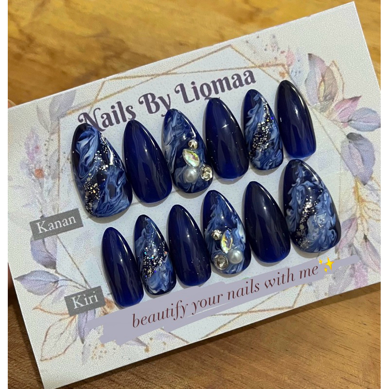 KUKU PALSU NAVY PREMIUM PERMATA RUNCING / NAIL ART WEDDING