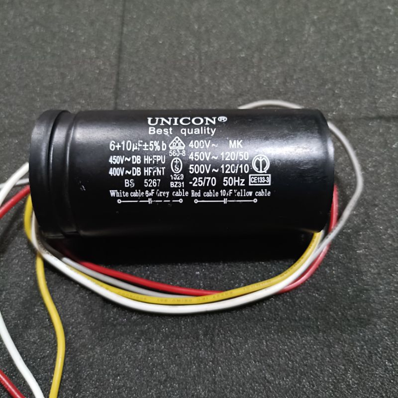 kapasitor mesin cuci LG 2 tabung 6 + 9.5 10 uf mikro