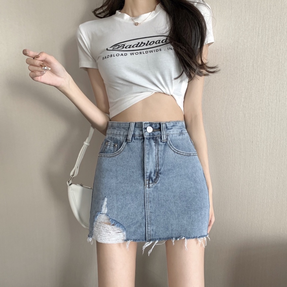 KODE T74V Rok jeans pendek korean high waist jeans sobek kekinian 224 rok mini sexy ootd rok short t