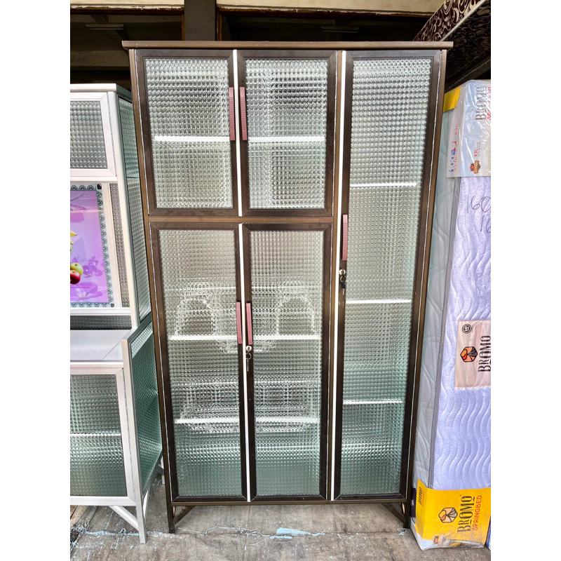 RAK LEMARI PIRING PERKAKAS 3 & 2 PINTU ALUMINIUM BROWN HITAM FULL KACA