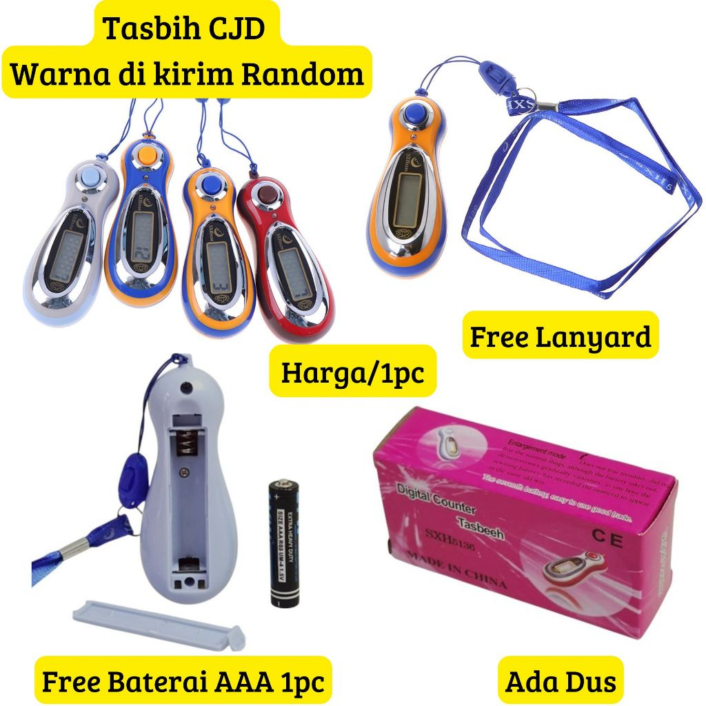 Tasbih Digital Hand Tally Counter SHX5136 Free Baterai A3 Lanyard Warna Random - Harga/pc