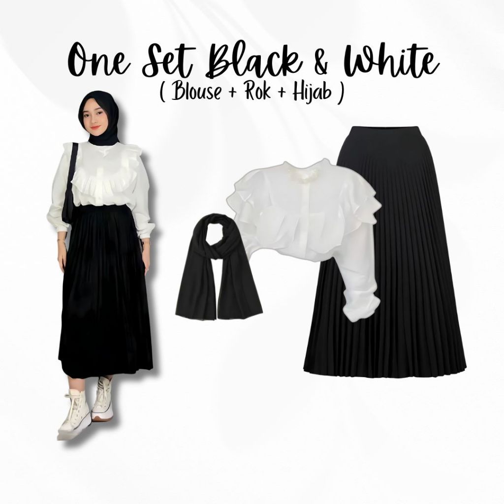 One Set 3in1 Blouse Ruffle Rok Plisket Hijab Pashmina | outfit kampus hangout SK72