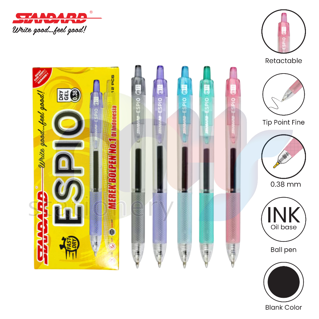 

STANDARD Bolpoin Pulpen Ballpoint Semi Gel Pen Pena ESPIO DRY GEL 0.38 mm 1 Box 12 Pcs