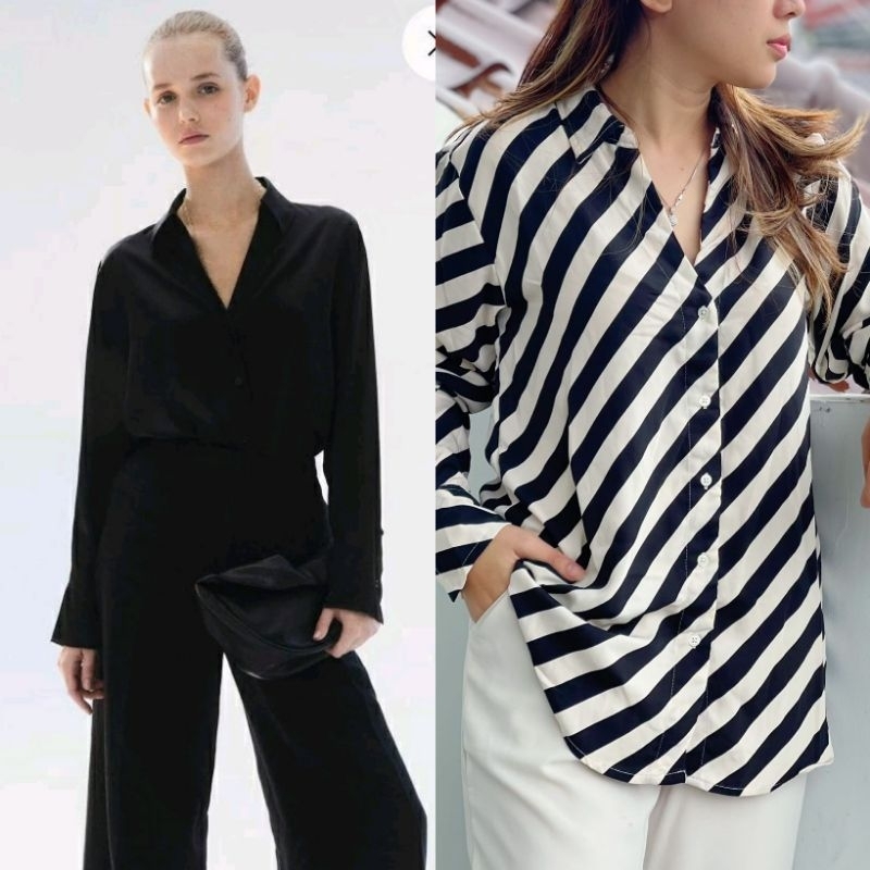 HnM satin kemeja Hitam & Salur