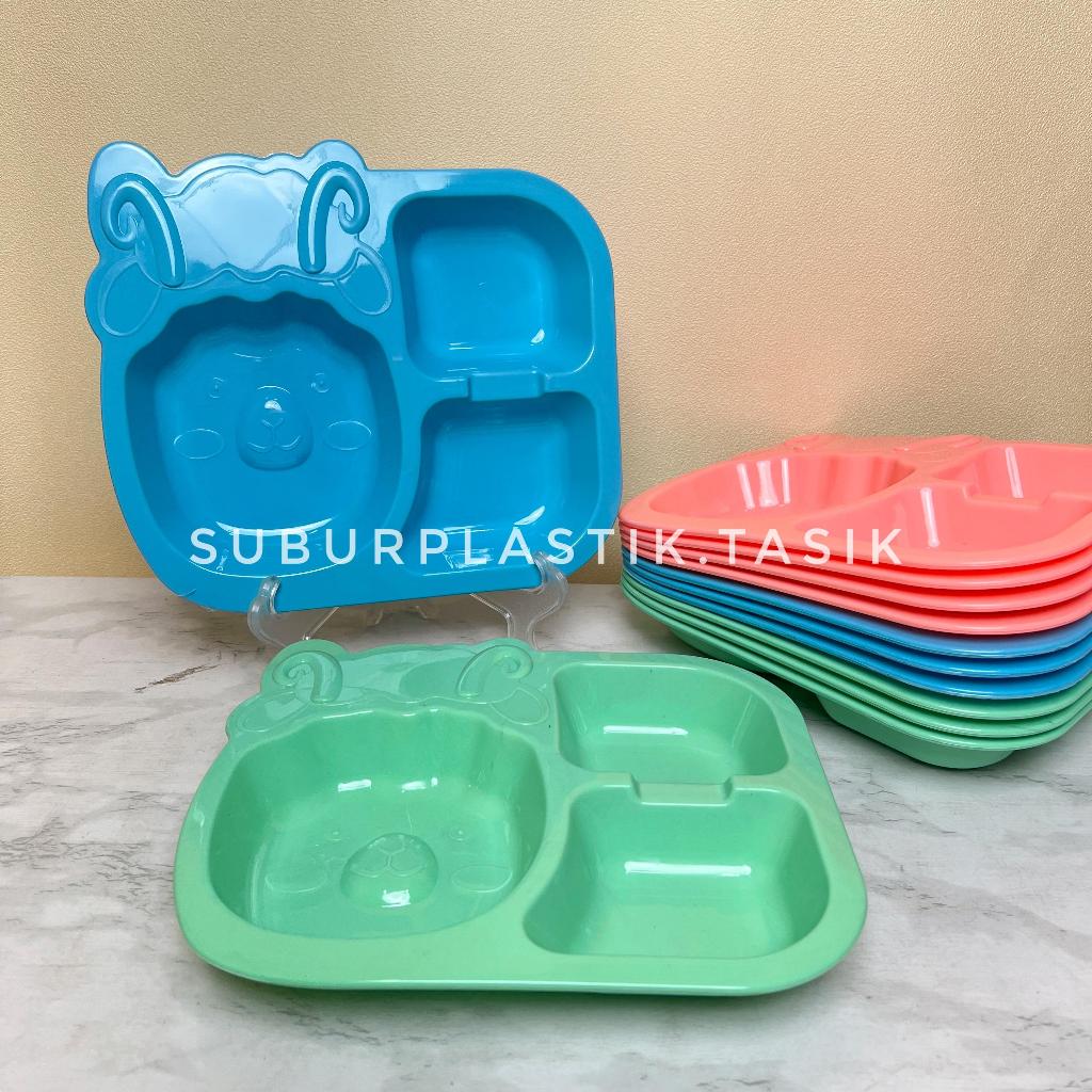 [6 pcs] Piring Segi Karakter 3 Sekat | Motif Hewan 3 Warna |Tempah Sajian Makanan Serbaguna | Wadah 