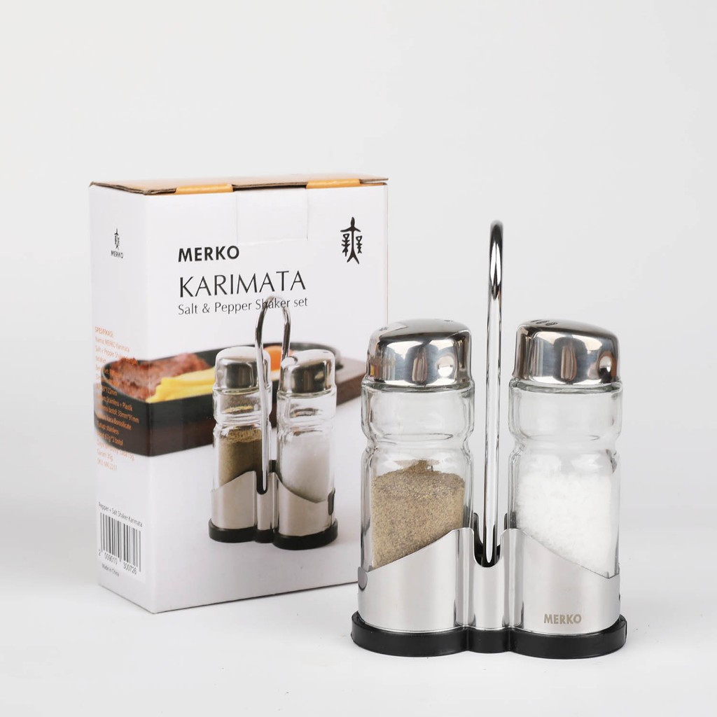 MERKO Karimata botol penabur lada & garam  (2 pcs) + rak stainless - Pepper & Salt shaker + stainles