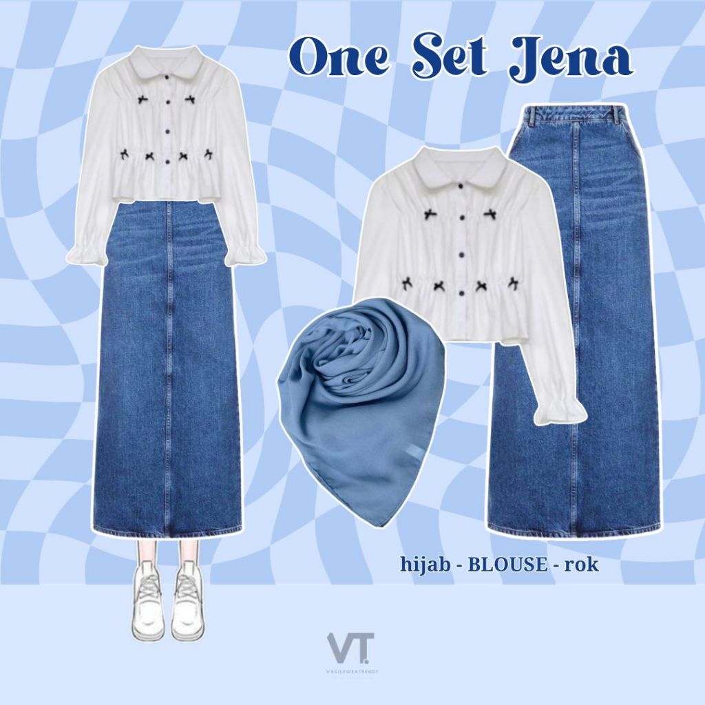 One Set Jena (Hijab, Blouse, Rok) Setelan OOTD Korea Style Wanita, Baju Setelan Wanita